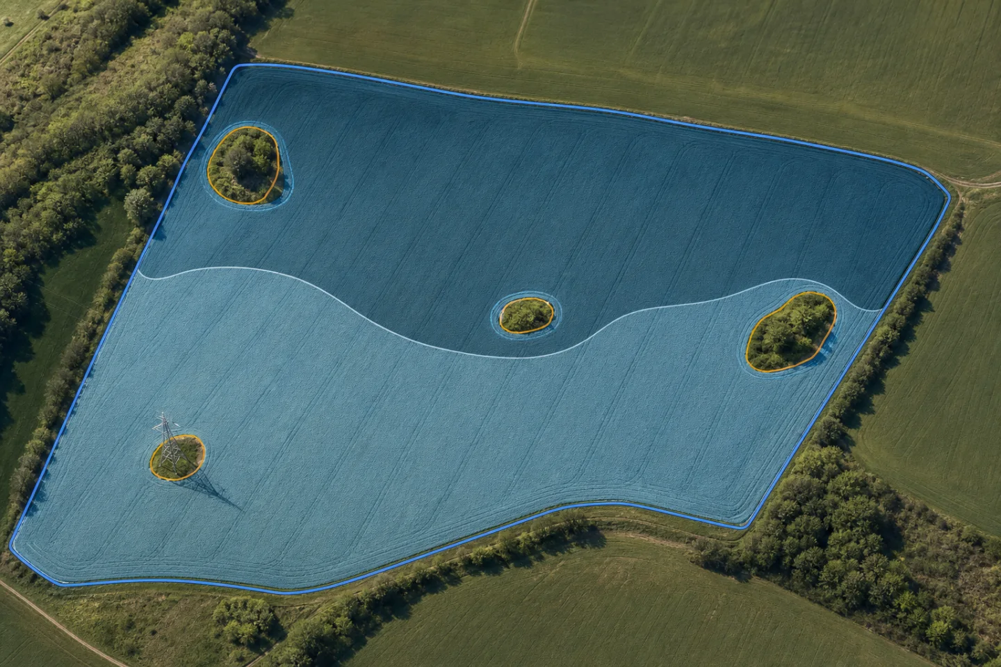 Aerial field map showing a mapped boundary, spray zones, and marked obstacles